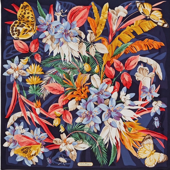 New Salvatore Ferragamo Scarf Butterflies Flowers Blue Multicolor Silk Wrap - Picture 1 of 14